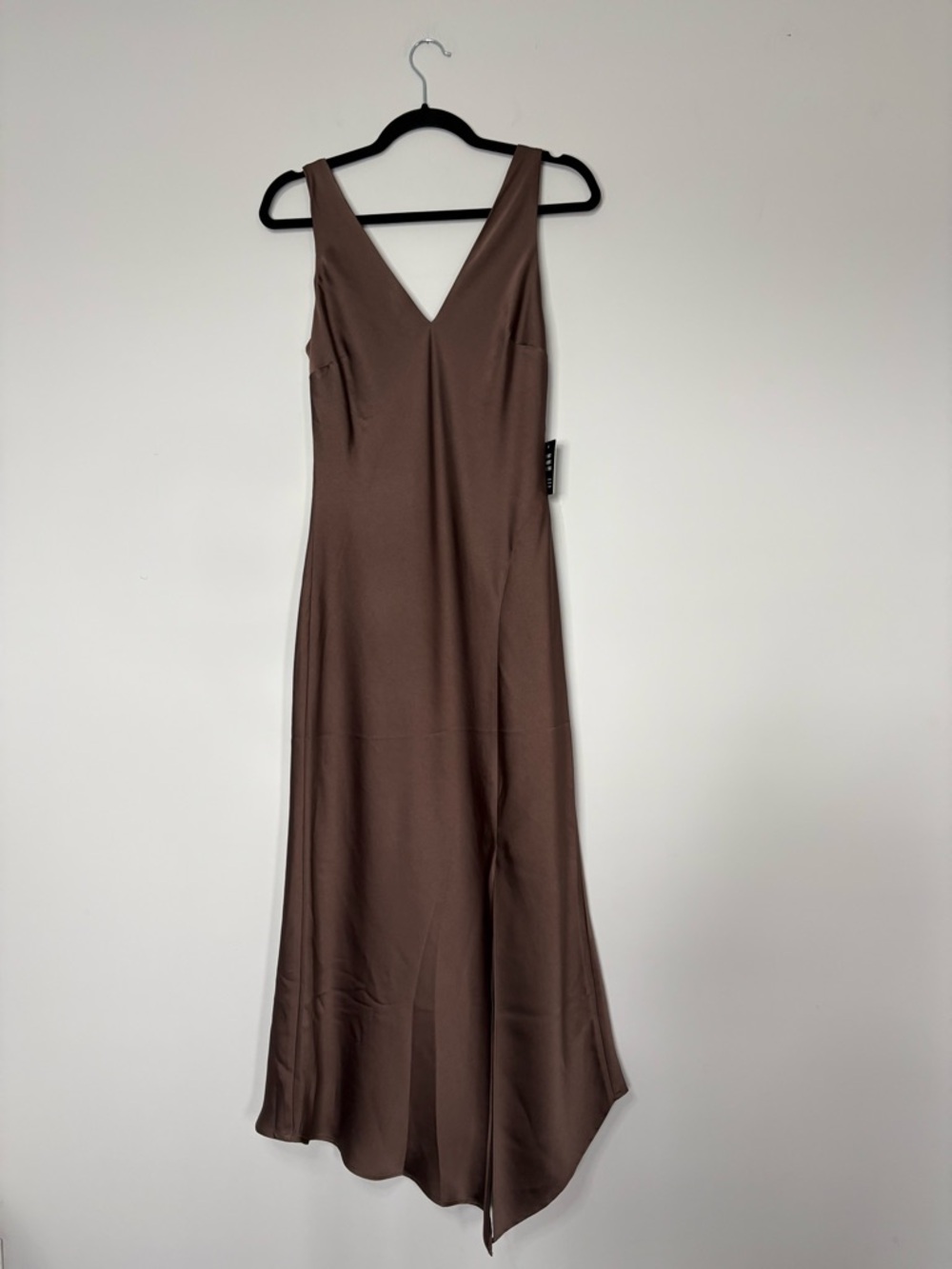 NWT Express Satin Slip Dress Asymmetrical Chocolate Brown V-Neckline Size S